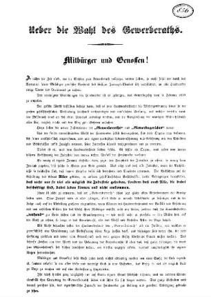 Ueber die Wahl des Gewerberaths. Mitbürger und Genossen!