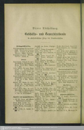Vierte Abtheilung. Berufsklassen und Gewerbebetriebe : Vierte Abtheilung. Geschäfts- und Gewerbetreibende