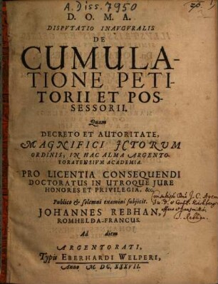 Dissertatio Inauguralis De Cumulatione Petitorii Possessorii