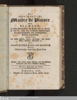 Der unerschöpfliche Maître de Plaisir : oder die Kunst, in allen Jahreszeiten, im Freien und zu Hause, so wie an allen nur denkbaren Freudentagen die unterhaltendsten und belustigendsten Partien anzuordnen : enthaltend die besten Spiele, Lieder, Declamir- und Kunststücke, Räthsel, Charaden etc. ; ein unentbehrliches Haus- und Handbuch für alle lebensfrohe deutsche Familien