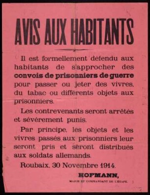 "Avis aux habitants." Verbot der Übergabe von Geschenken an Kriegsgefangene durch Zivilisten