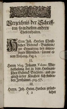 Verzeichnis der Schrifften/so in diesem andern Theil enthalten.