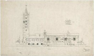 Gsaenger, Gustav; Dingolfing (Bayern), Reichenbergstr.; Ev. Kirche, Gemeindehaus und Pfarrhaus - Tekturplan u. 2. Bauabschnitt, Südseite (Ansicht)