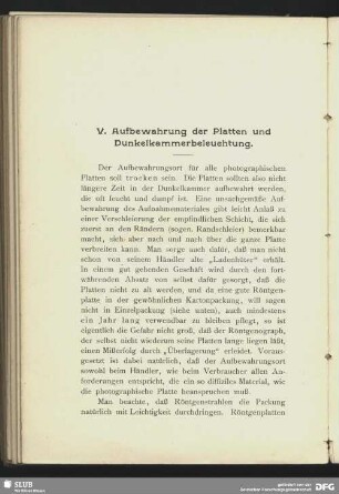 V. Aufbewahrung der Platten und Dunkelkammerbeleuchtung