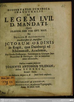 Dissertatio Iuridica Inauguralis Ad Legem LVII. D. Mandati