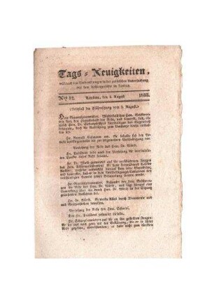 "Tags-Neuigkeiten No. 12; 5. August 1833