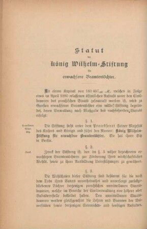 Statut der König Wilhelm-Stiftung für erwachsene Beamtentöchter