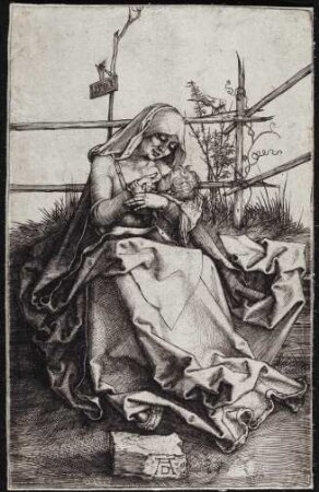 Maria auf der Rasenbank, das Kind stillend