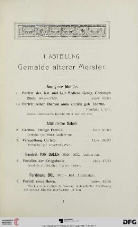 I. Abteilung. Gemälde älterer Meister (Nr. 1-38)