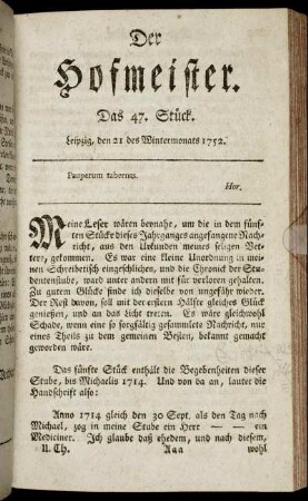 Das 47. Stück. Leipzig, den 21 des Wintermonats 1752.