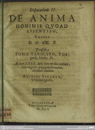 Disputationis II. De Anima Hominis Qvoad Essentiam : Theses