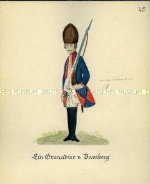 Uniformdarstellung, Grenadier, Fürstbistum Bamberg, 1760/1761. Kopie der Originaltafel 45 aus Becher: Wahrhaftige Nachrichten.