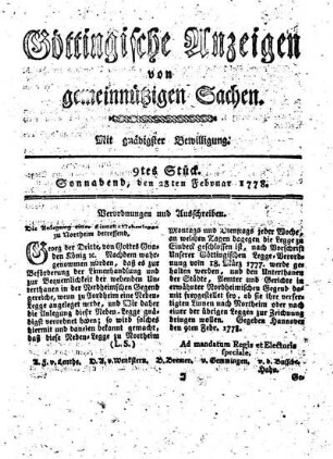 9tes Stück. Sonnabend, den 28ten Februar 1778.