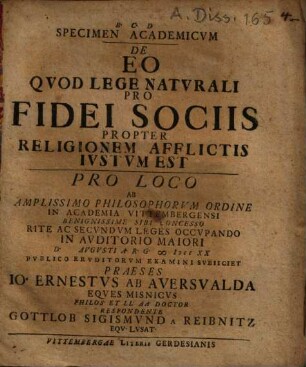 Specimen academicum de eo quod lege naturali pro fidei sociis propter religionem afflictis iustum est