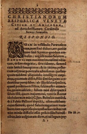 Christianorum reipublicae Venetae civium ... ad antichristianam Card. Baronii Paraenesin Responsio