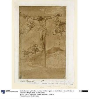 Christus am Kreuz mit drei Engeln, die das Blut aus seinen Wunden in Kelchen auffangen