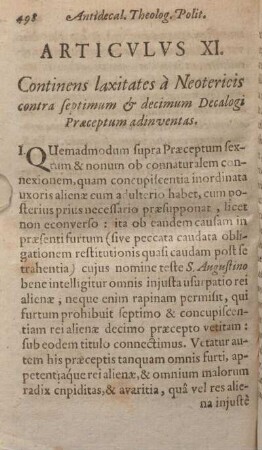 Articvlvs XI. Continens laxitates à Neotericis contra septimum & decimum Decalogi Praeceptum adinventas.