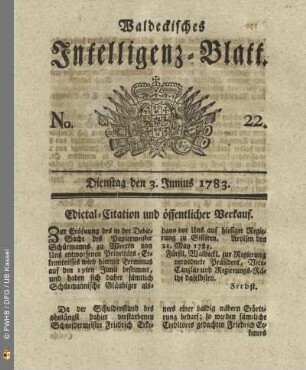 No. 22, Dienstag den 3. Junius 1783