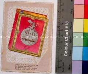 Glückwunschkarte mit Oblate in Form eines Buches "Weltgeschichte", um 1900