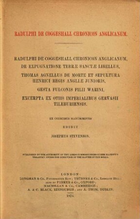 Radulphi de Coggeshall Chronicon Anglicanum : Ex codd. mss. edidit Josephus Stevenson