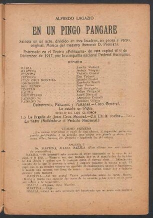 En un pingo pangaré : sainete en un acto, dividido en tres cuadros, en prosa y en verso, original