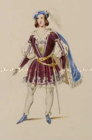 Mann im höfischen violetten Gewand mit blauem Umhang und Hermelinbesatz - Tafel aus Franceschini/Kostümbilder (Kassette 1)