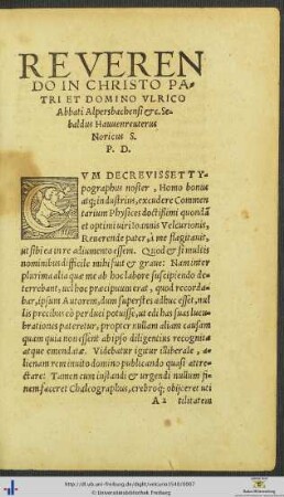 Domino Ulrico Abbati Alpersbachensi Sebaldus Hauuenreuterus Noricus Salutem Plurimum Dicit