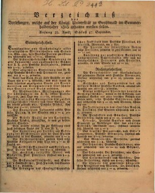 Verzeichnis der Vorlesungen der Universität zu Greifswald. 1825 SH