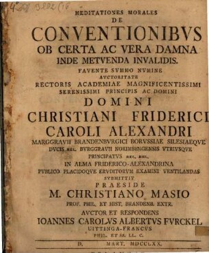 Meditationes Morales De Conventionibvs Ob Certa Ac Vera Damna Inde Metvenda Invalidis