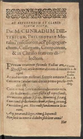 Ad Reverendum Et Clarissimum Virum, Dn. M. Cunradum Dietericum, ...