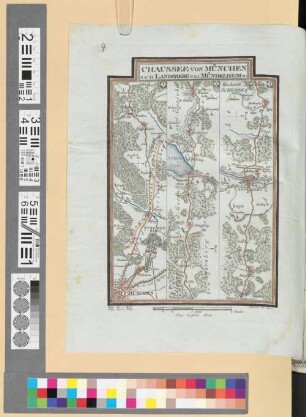 Reise Atlas von Bajern oder Geographisch-geometrische Darstellung aller bajrischen Haupt- und Landstraßen mit den daranliegenden Ortschaften und Gegenden : nebst Kurzer Beschreibungen alles dessen, was auf und an einer jeden der gezeichneten Straßen für den Reisenden merkwürdig seyn kann. [Gewidmet] Joseph August Grafen von Toerring. 4, Chaussée Von München Nach Landsberg Und Mündelheim Zu