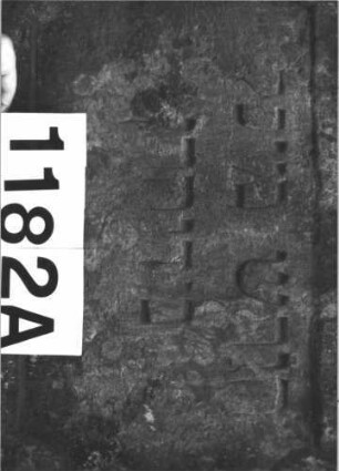 Grabstein 1182 (Index: 99899923) Material: Sandstein Zustand: verwittert Maße HxBxT: 62x64x6 cm Beschreibung: Stele mit flachem Schulterbogenabschluss, im Bogenfeld Blüte Symbolik: Blüte: Grabstein 1182A