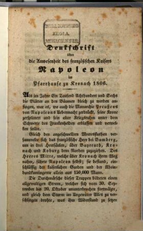 Denkschrift über die Anwesenheit des französischen Kaisers Napoleon im Pfarrhause zu Kronach 1806