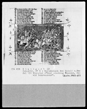Weltchronik des Rudolf von Ems — Saul erschlug Tausend, David Zehntausend, Folio 131recto