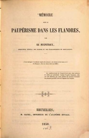 Mémoire sur le paupérisme dans les Flandres