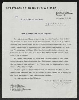 Brief von Walter Gropius von Staatliches Bauhaus  an Gerhart Hauptmann