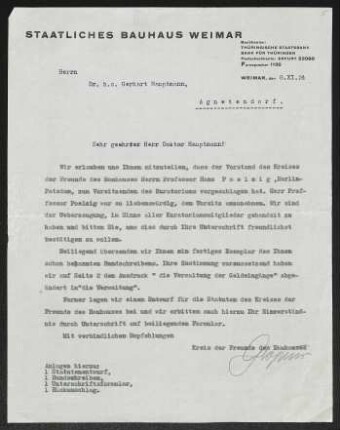 Brief von Walter Gropius von Staatliches Bauhaus <Weimar> an Gerhart Hauptmann