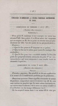 Concours d'admission a l'École Normale supérieure en 1861.