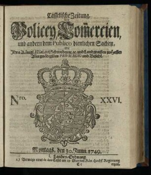 Nro. XXVI, Montags, den 30. Junii 1749