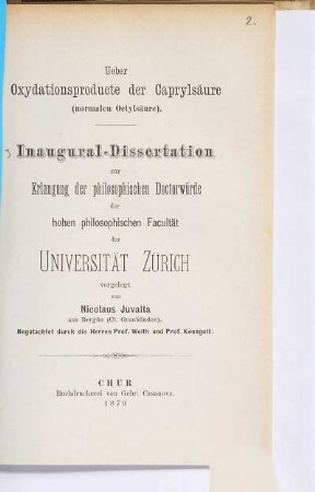Über Oxydationsproducte der Caprylsaeure (normalen Octylsaeure) : Inaug. Diss. d. Univ. Zürich