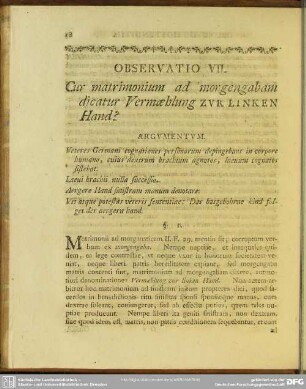 Observatio VII. Cur matrimonium ad morgengabam dicatur Vermaehlung Zur Linken Hand?