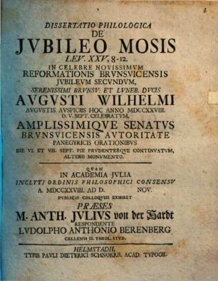 Dissertatio philologica de Iubileo Mosis : Lev. XXV, 8 - 12