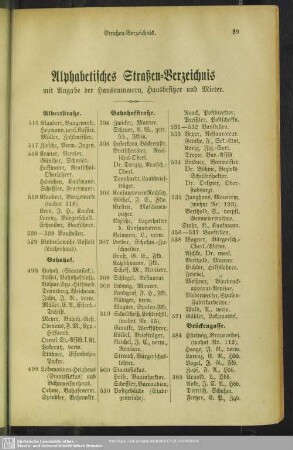 Häuserbuch : Alphabetisches Straßen-Verzeichnis mit Angabe der Hausnummern, Hausbesitzer und Mieter