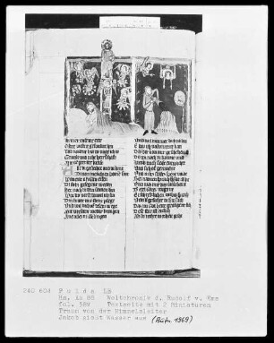 Rudolf von Ems, Weltchronik — Jakobs Traum von der Himmelsleiter und Jakob weiht den Stein, Folio 58verso
