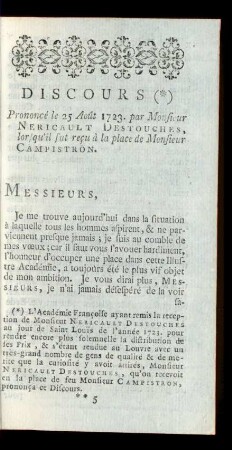 [Discours Prononce' Dans L' Academie Françoise.]