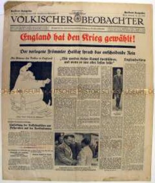 Tageszeitung "Völkischer Beobachter" u.a. mit Polemik gegen die britische Regierung