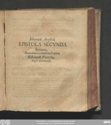 Johannis Apostoli Epistola Secunda Syriace