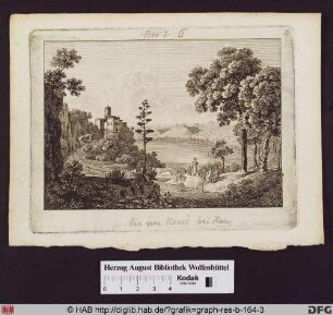 Blick über den See von Nemi bei Rom, links ein Haus mit Turm über dem See, im Vorderung eine Mutter mit Kind und Tanzende mit Lautenspieler.