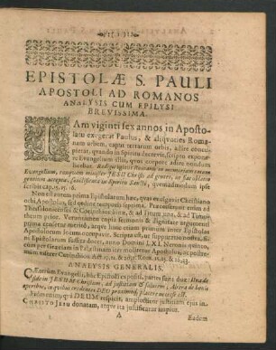 Epistolae S. Pauli Apostoli Ad Romanos Analysis Cum Epilysi Brevissima.