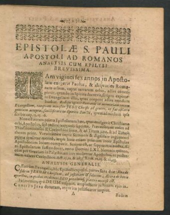 Epistolae S. Pauli Apostoli Ad Romanos Analysis Cum Epilysi Brevissima.